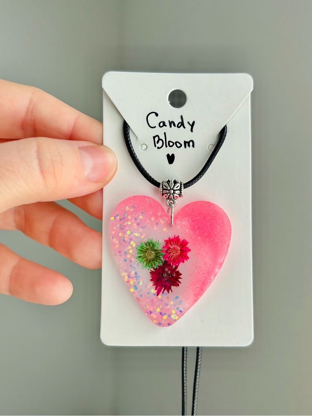 Candy Bloom Resin Heart Necklace Handmade Dried Flower Pink Pendant